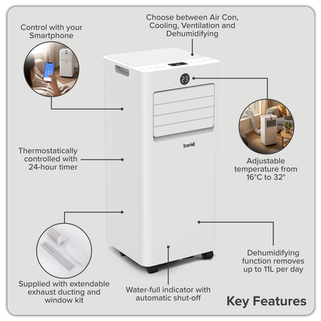 Sealey Baridi 4-in-1 Portable Air Conditioner with Window Sealing Kit 5,000Btu/hr - White Model No-DH412