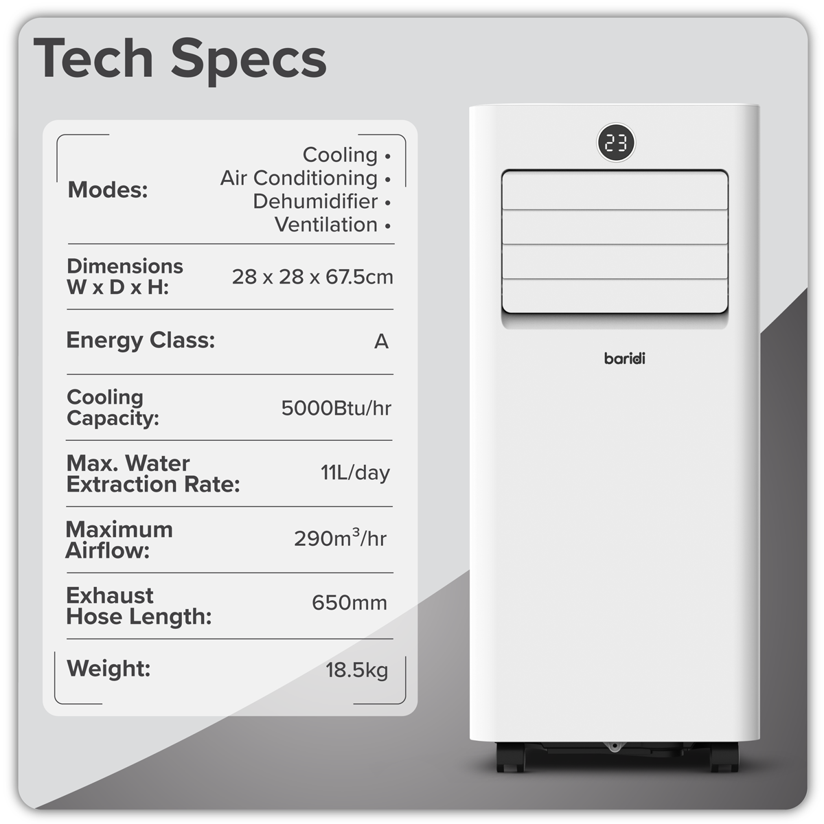Sealey Baridi 4-in-1 Portable Air Conditioner with Window Sealing Kit 5,000Btu/hr - White Model No-DH412