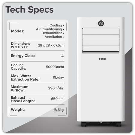 Sealey Baridi 4-in-1 Portable Air Conditioner with Window Sealing Kit 5,000Btu/hr - White Model No-DH412