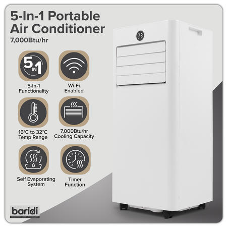 Sealey Baridi 5-in-1 Portable Air Conditioner/Dehumidifier/Air Cooler with Window Sealing Kit 7,000Btu/hr - White Model No-DH413