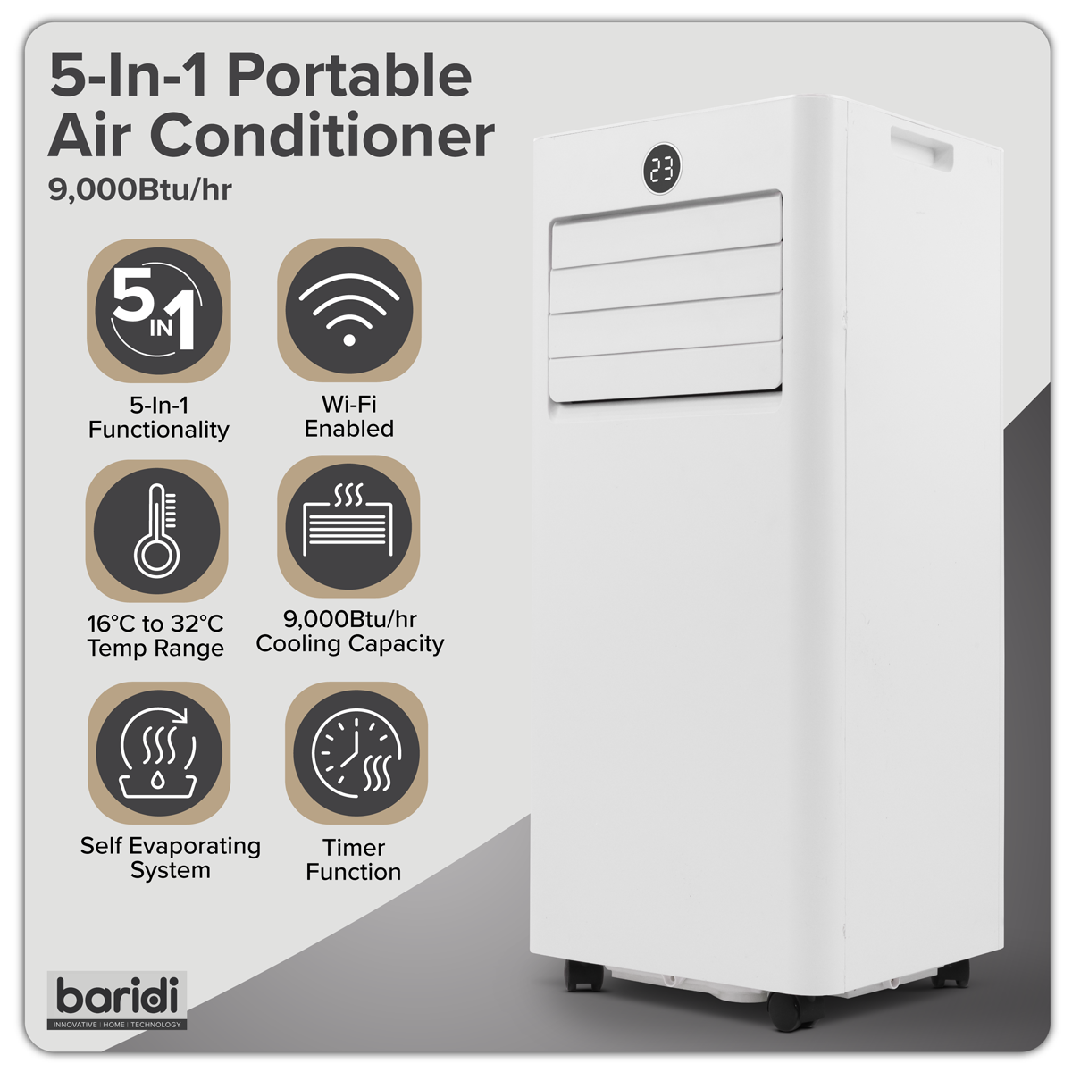 Sealey Baridi 5-in-1 Portable Air Conditioner/Dehumidifier/Air Cooler with Window Sealing Kit 9,000Btu/hr - White Model No-DH414