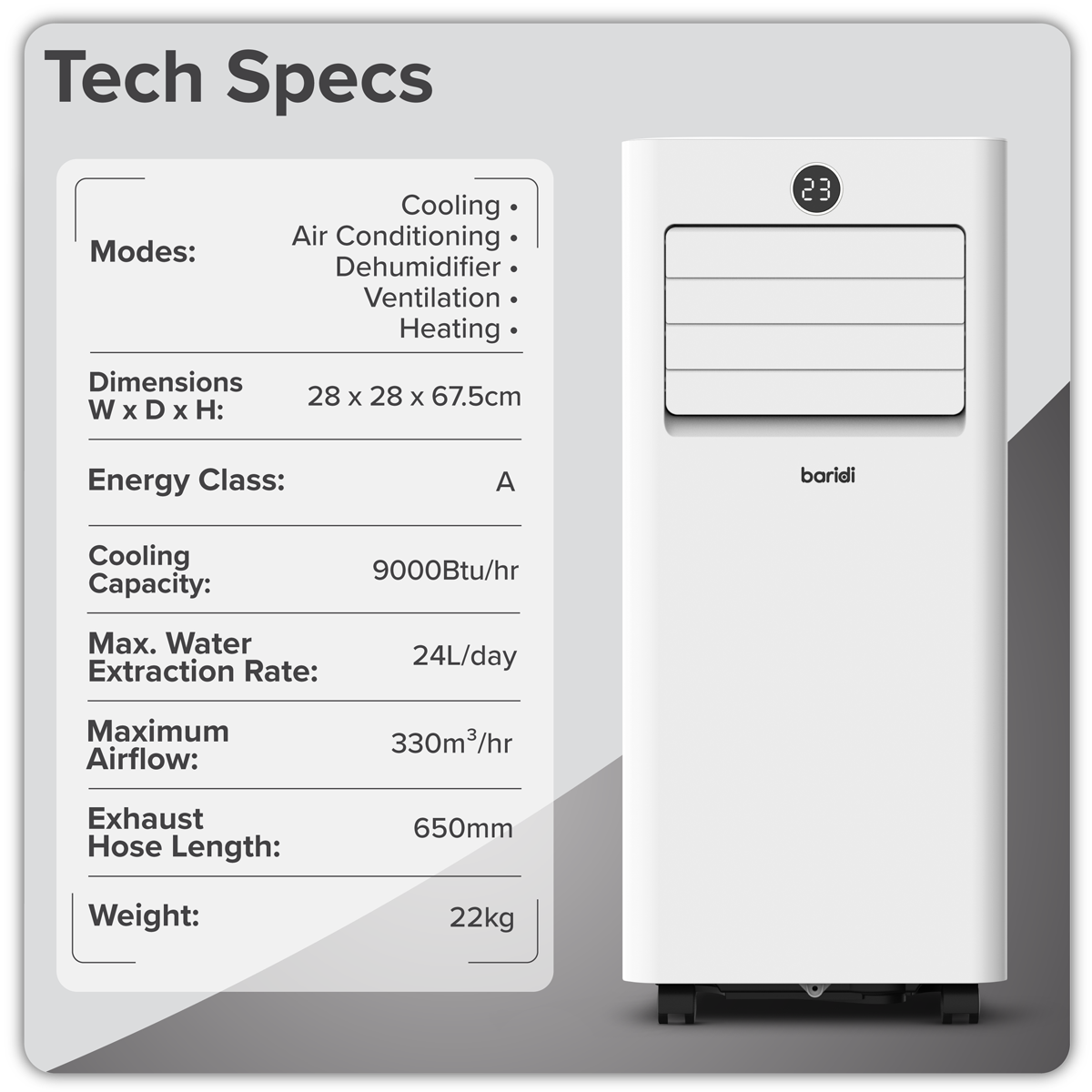 Sealey Baridi 5-in-1 Portable Air Conditioner/Dehumidifier/Air Cooler with Window Sealing Kit 9,000Btu/hr - White Model No-DH414