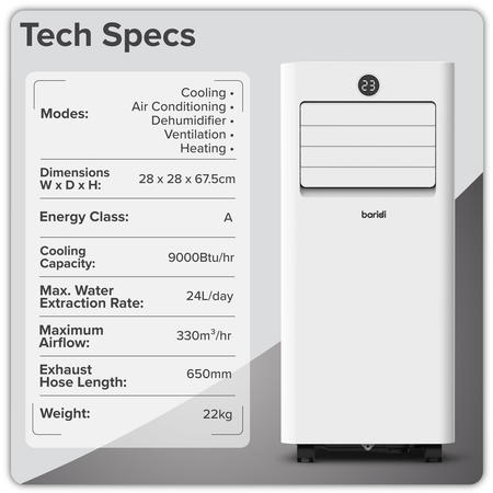 Sealey Baridi 5-in-1 Portable Air Conditioner/Dehumidifier/Air Cooler with Window Sealing Kit 9,000Btu/hr - White Model No-DH414