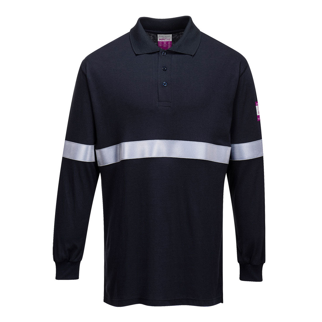Portwest Flame Resistant Anti-Static Long Sleeve Polo Shirt with Reflective Tape FR03