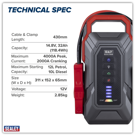 Sealey RoadStart® 12V Jump Starter Power Pack 4000A Model No-RS4000