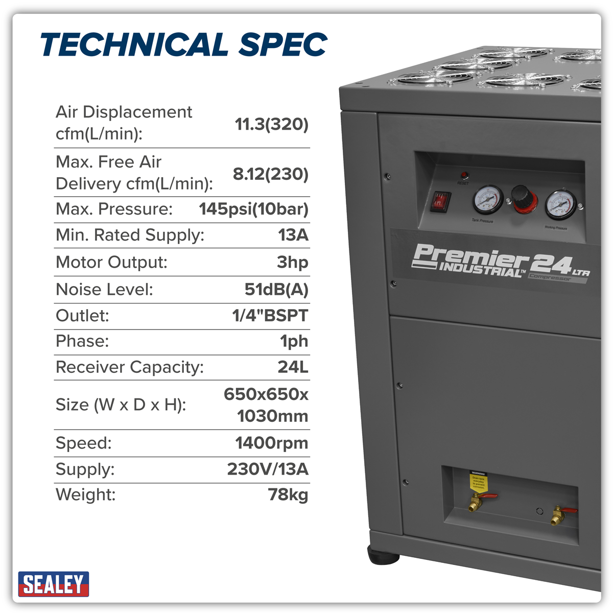Sealey 24L Oil Free Low Noise Direct Drive Air Compressor 3hp Model No-SAC01VLN
