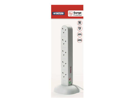 Surge Protected Tower Multi Plug Extension 240V 10-Gang 13A White 2m