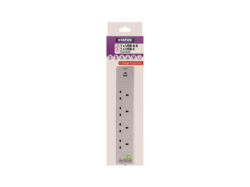 Extension Lead 4 Way + USB A and C + Surge Protection 2m S4W2MACUSB1PK6