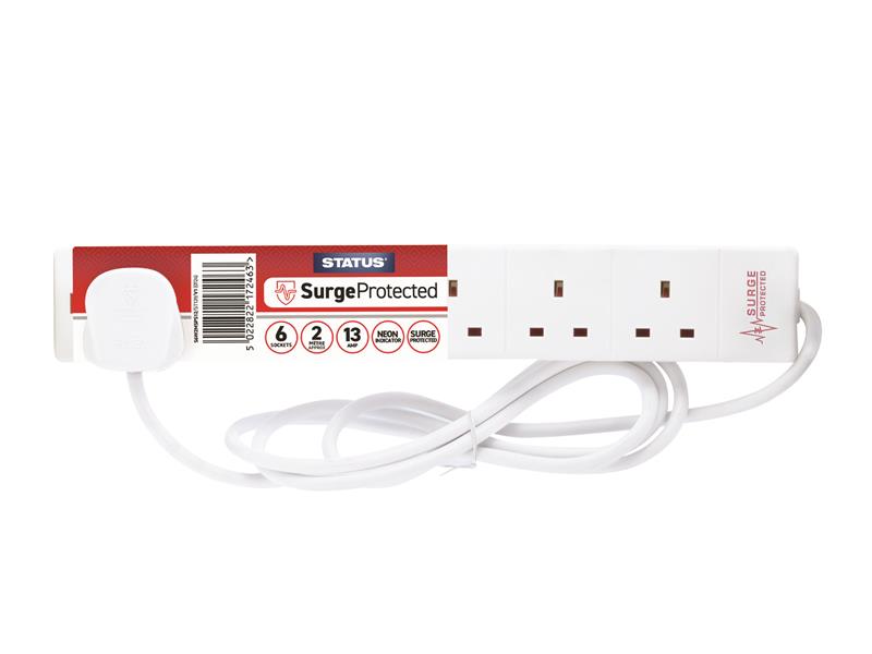 Surge Protected Extension Lead 240V 6-Gang 13A White 2m