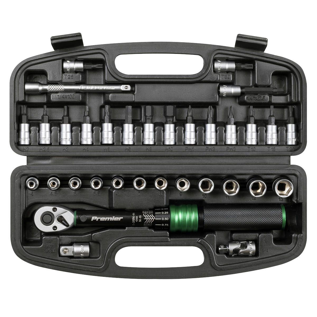 Sealey Premier Black Torque Wrench Set 1/4"Sq Drive 5-25Nm 33pc Model No-STW910B