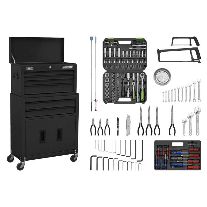 Sealey Topchest & Rollcab Combination 6 Drawer with Ball-Bearing Slides - Black & 170pc Tool Kit Model No - AP22BKCOMBO